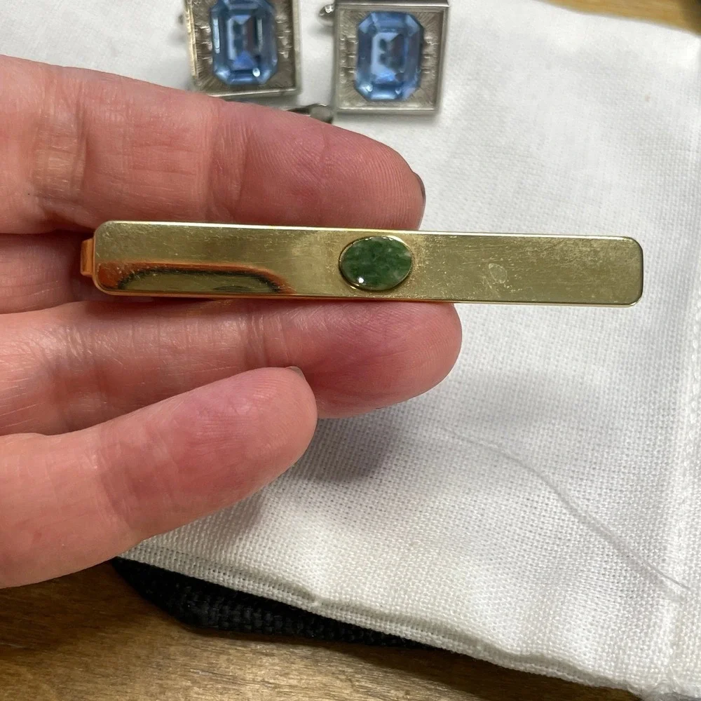 Swank Vintage Assortment Men's Cufflinks and Tie Bar Accessory Set Blue Green